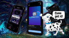 a dalmatian dog is standing in front of a phone that says come get it