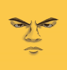 a yellow cartoon face with a mustache and a serious look on his face