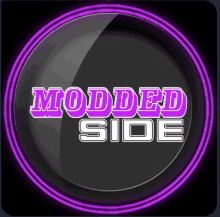 a purple circle with the words " modded side " in white letters