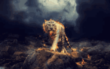 a white tiger with flames coming out of its mouth is standing on a rock