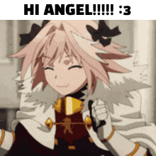 a picture of a girl with pink hair and the words hi angel !!! 3