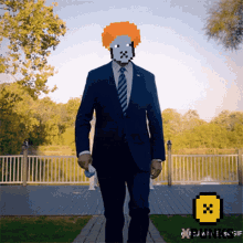 a pixelated image of a man in a suit and tie walking