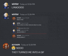 a screenshot of a discord conversation between winter and sroom