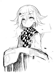 a black and white drawing of a person wearing a checkered scarf and sitting on a chair .