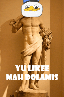 a statue of a man with a duck head and the words yu likee mah dolamis