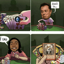 a cartoon of a man playing poker with a speech bubble that says i call