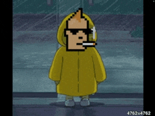 a pixel art of a man wearing a yellow raincoat and smoking a cigarette .