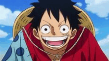 monkey d luffy from one piece is smiling and wearing a hat .