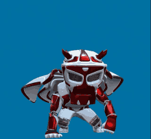 a red and white robot with horns is standing on its knees