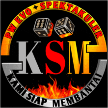 a logo for pw evo spektakuler ksm with dice and flames