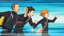 three anime characters are running and one of them is saying yeah