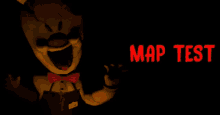 a clown with a red bow tie is standing in the dark with the words map test .