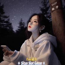 a girl is looking up at the stars with situs slot gacor written on the bottom