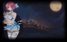 a girl with pink hair is standing in front of a city at night