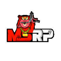 a cartoon of a bear holding a gun in front of the letter m.