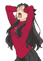 a pixel art of a girl in a red sweater covering her eyes