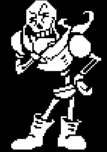 a pixel art drawing of papyrus from undertale standing on a black background .