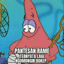 patrick star from spongebob squarepants is smiling while holding a fishing rod and a fishing net .