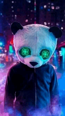 a person wearing a panda mask with neon eyes and a jacket .