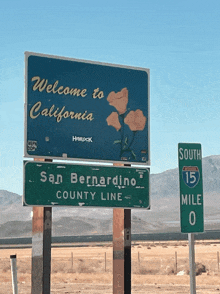 a billboard that says welcome to california and san bernardino county line