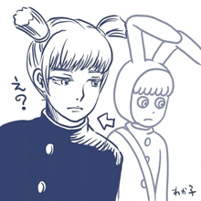 a black and white drawing of a girl with a ponytail and a rabbit head