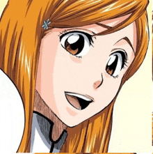 a close up of a bleach anime character 's face with long hair and a flower in her hair .