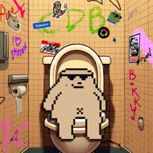 a pixel art drawing of a toilet with stickers on the wall including one that says galadiel