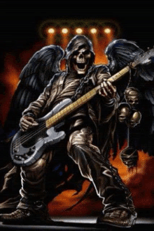 a skeleton with wings is playing a bass guitar on a stage .