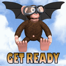 a monkey wearing goggles and bat wings is flying in the air with the words get ready below it