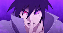 a purple haired anime character with red eyes and a finger in his mouth