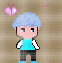 a pixel art of a boy with blue hair and a pink heart behind him