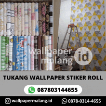 a poster for tukang wallpaper stiker roll with a picture of a wall and a ladder