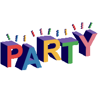 the word party is displayed in 3d letters