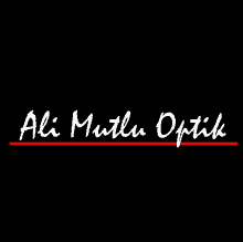 ali mutlu optik is written in white on a black background with a red line