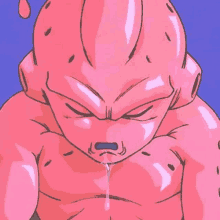 a close up of a cartoon character with a pink head and a tear coming out of his mouth .