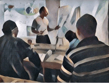 a group of people are sitting at tables in a classroom listening to a man give a presentation .