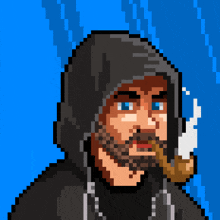 a pixel art of a man with a hood on