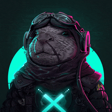 a rat wearing a helmet and goggles has a glowing x on his chest