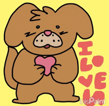 a drawing of a dog holding a pink heart with the words i love you on the bottom