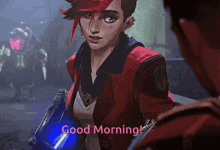 a cartoon character with red hair says good morning