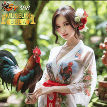 a woman standing next to a rooster with the words museum bola on the bottom