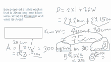 bea prepared a table napkin that is 20cm long and 15cm wide what its perimeter and what it 's area