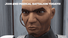 a man with a tattoo on his forehead says " join 2nd medical battalion today "