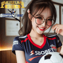 a woman wearing a soccer jersey that says sbobet on it