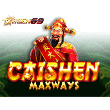 a poster for caishen maxways shows a man in a red and gold outfit