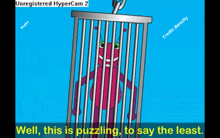 a cartoon of a monster in a cage with the words " well this is puzzling to say the least " below it