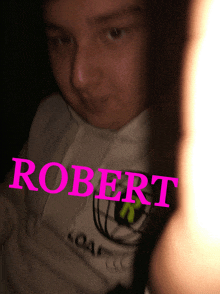 a close up of a person 's face with the name robert on it