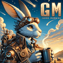 an illustration of a steampunk rabbit holding a cup of coffee with the words gm good morning below it