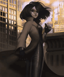 a woman in a brown coat stands in front of a futuristic city