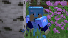 a minecraft character wearing a blue helmet stands in a field of pink flowers